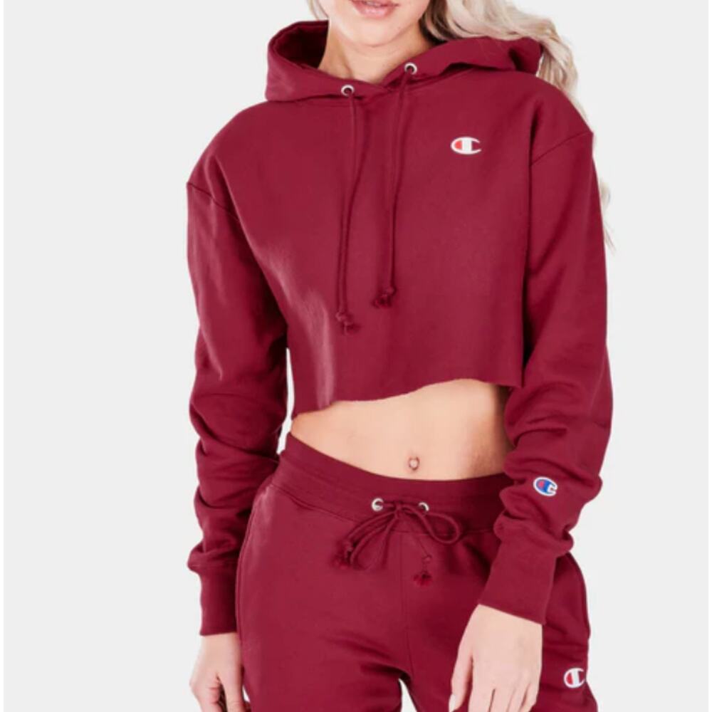 Champion Reverse Weave Cropped Cut Off Hoodie Cranberry Size 2XL